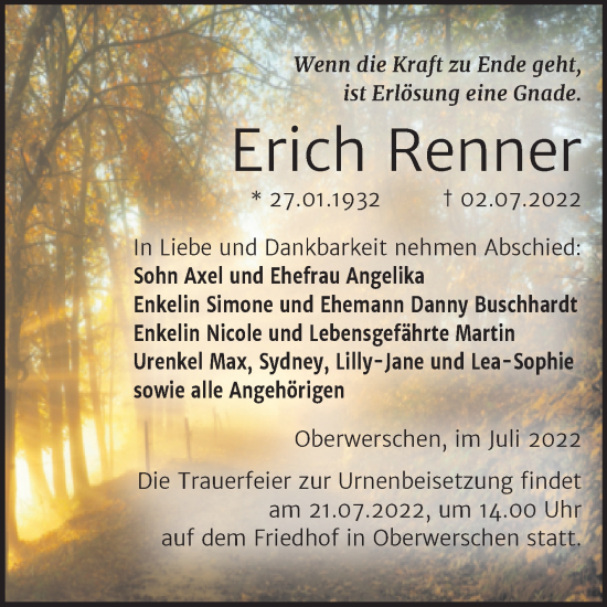 Traueranzeige von Erich Renner von Trauerkombi Weißenfels