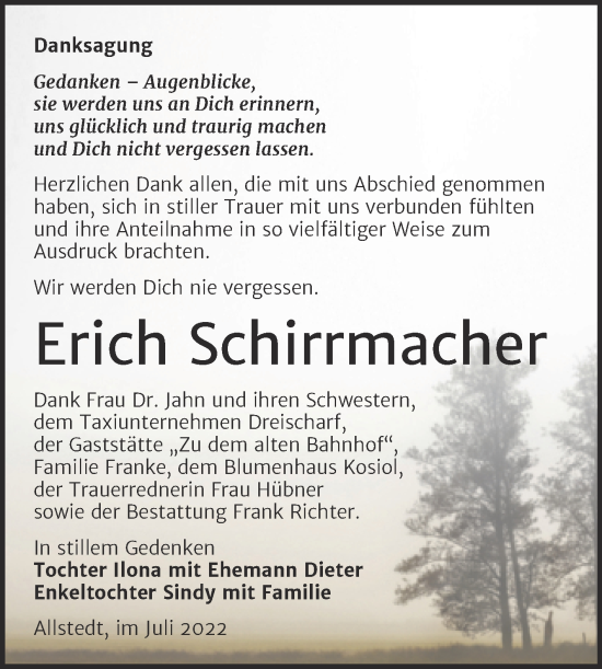 Traueranzeige von Erich Schirrmacher von Trauerkombi Sangerhausen