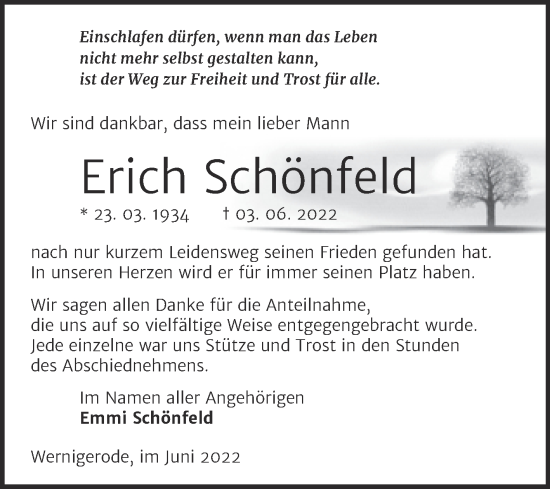 Traueranzeige von Erich Schönfeld von Super Sonntag Quedlingburg