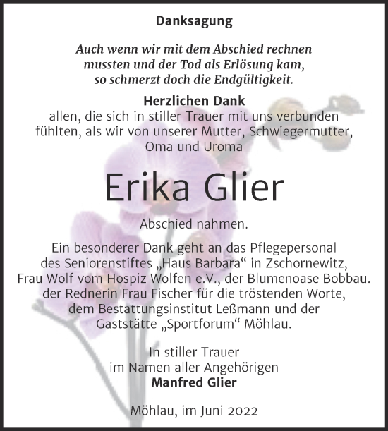 Traueranzeige von Erika Glier von Trauerkombi Wittenberg
