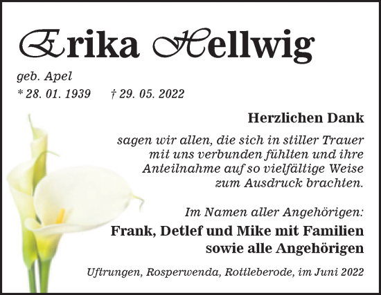 Traueranzeige von Erika Hellwig von Trauerkombi Sangerhausen