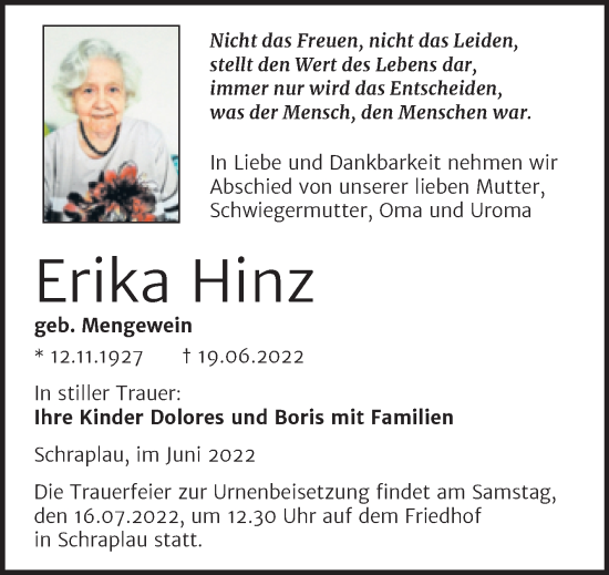 Traueranzeige von Erika Hinz von Trauerkombi Merseburg
