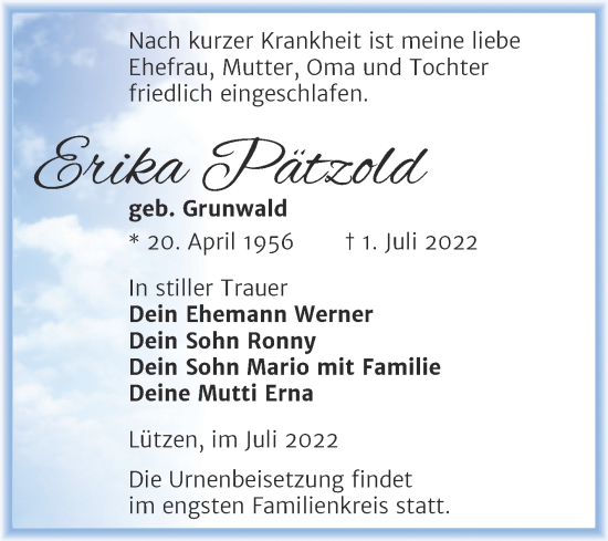 Traueranzeige von Erika Pätzold von Trauerkombi Weißenfels
