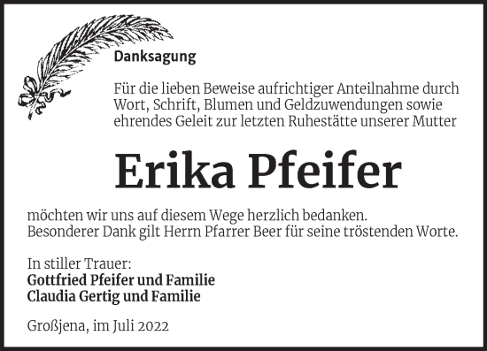 Traueranzeige von Erika Pfeifer von Wochenspiegel Naumburg/Nebra