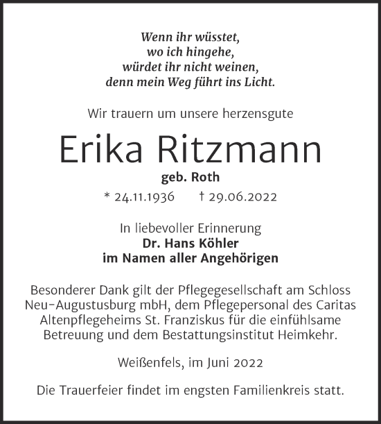 Traueranzeige von Erika Ritzmann von Trauerkombi Weißenfels