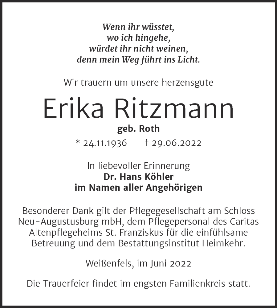  Traueranzeige für Erika Ritzmann vom 02.07.2022 aus Trauerkombi Weißenfels