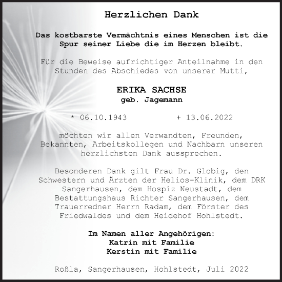 Traueranzeige von Erika Sachse von Trauerkombi Sangerhausen