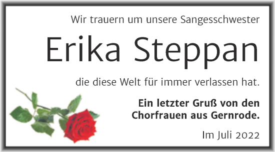 Traueranzeige von Erika Steppan von Mitteldeutsche Zeitung Quedlingburg