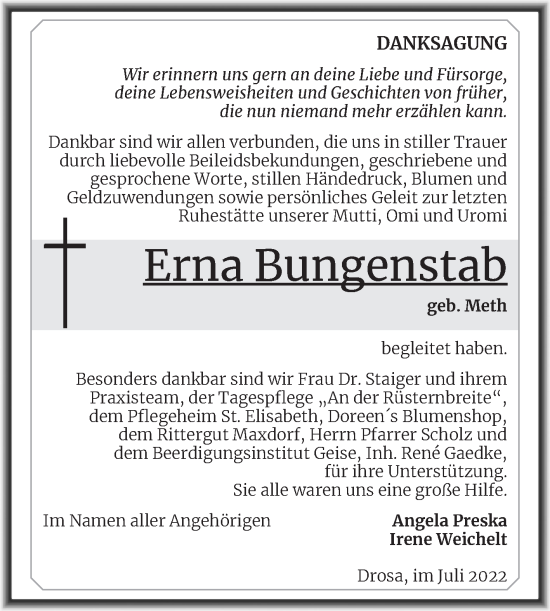 Traueranzeige von Erna Bungenstab von Trauerkombi Köthen