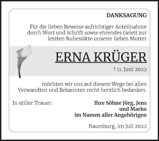 Traueranzeige von Erna Krüger von Wochenspiegel Naumburg/Nebra
