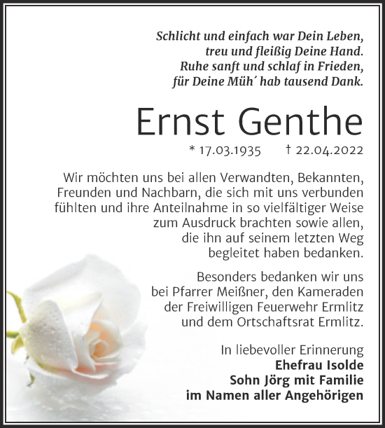 Traueranzeige von Ernst Genthe von Trauerkombi Merseburg