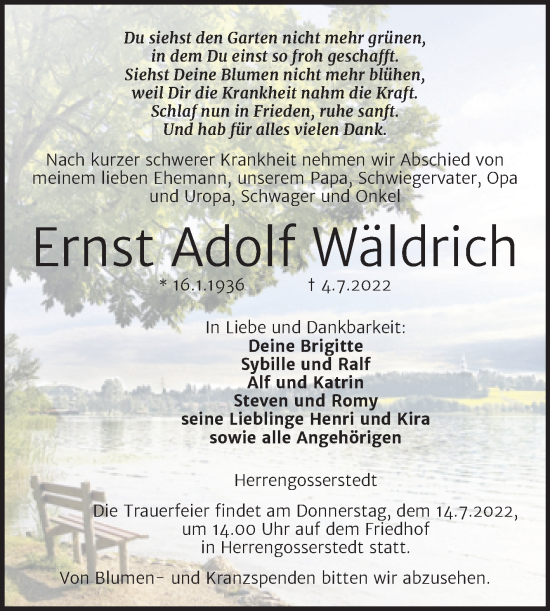 Traueranzeige von Ernst Adolf Wäldrich von Naumburger Tageblatt