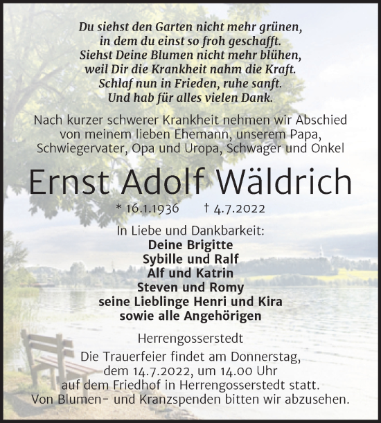 Traueranzeige von Ernst Adolf Wäldrich von Wochenspiegel Naumburg/Nebra