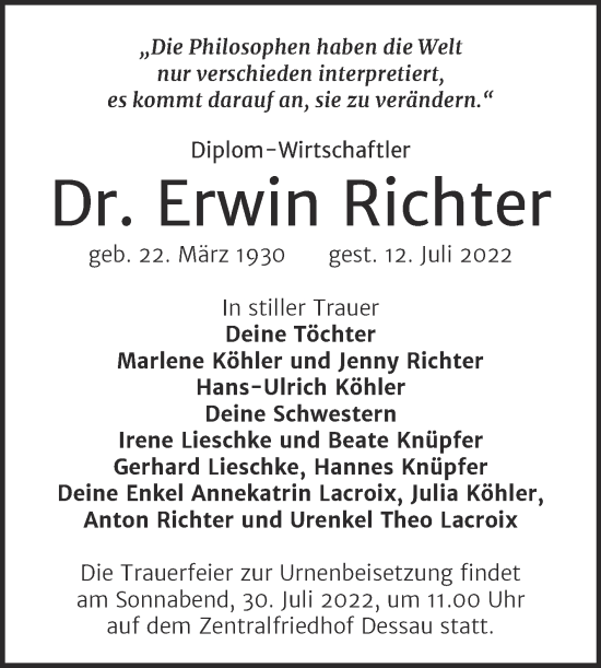 Traueranzeige von Erwin Richter von Mitteldeutsche Zeitung Dessau-Roßlau
