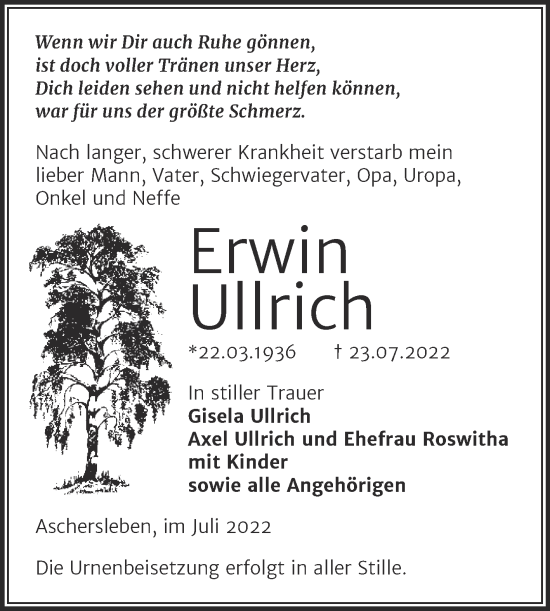 Traueranzeige von Erwin Ullrich von Trauerkombi Aschersleben