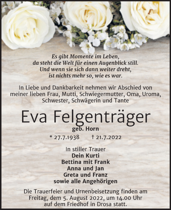 Traueranzeige von Eva Felgenträger von Trauerkombi Köthen