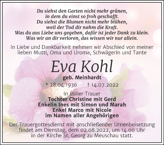 Traueranzeige von Eva Kohl von Trauerkombi Merseburg