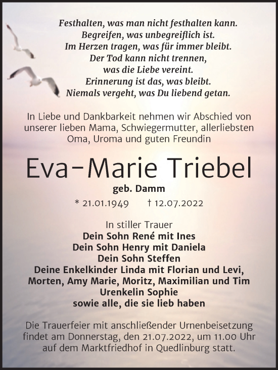 Traueranzeige von Eva-Marie Triebel von Trauerkombi Quedlinburg