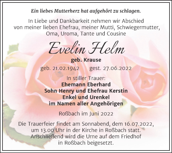 Traueranzeige von Evelin Helm von Trauerkombi Merseburg