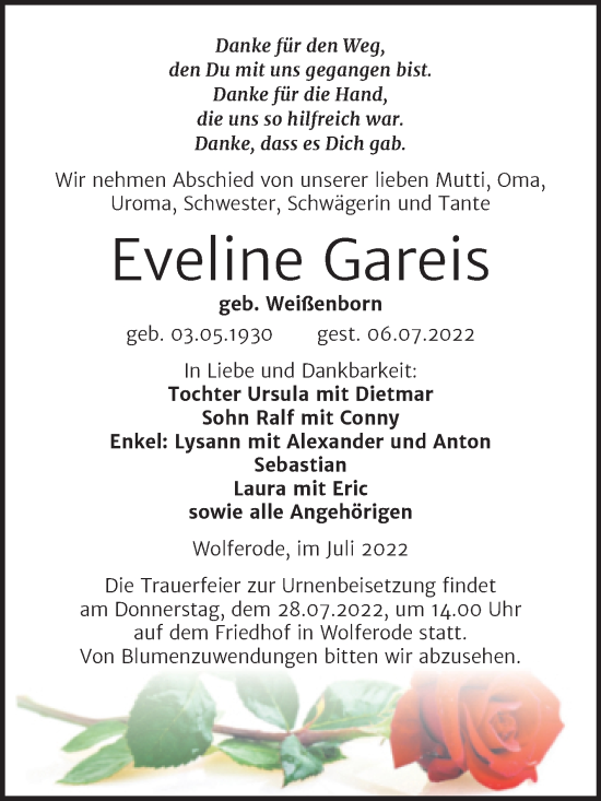 Traueranzeige von Eveline Gareis von Trauerkombi Mansfelder Land