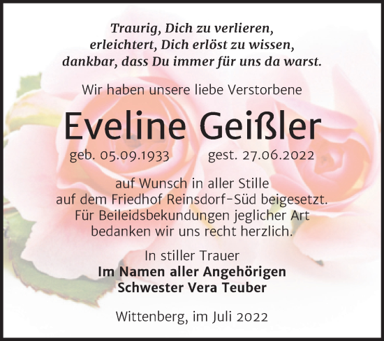Traueranzeige von Eveline Geißler von Trauerkombi Wittenberg