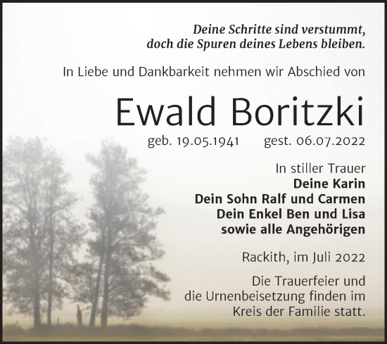 Traueranzeige von Ewald Boritzki von Trauerkombi Wittenberg