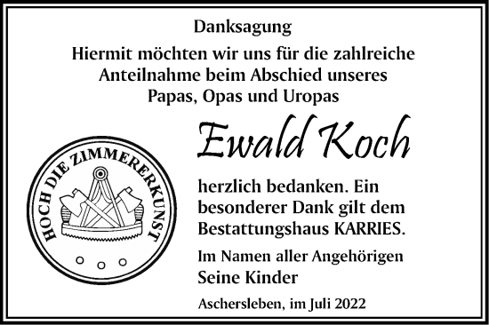 Traueranzeige von Ewald Koch von Trauerkombi Aschersleben