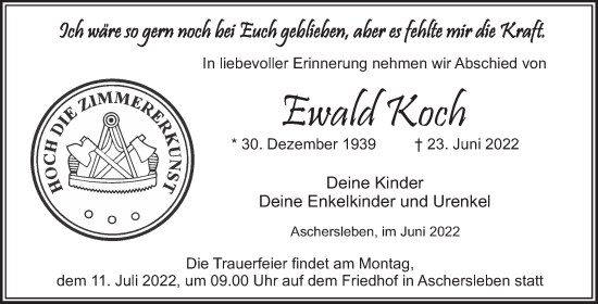 Traueranzeige von Ewald Koch von Trauerkombi Aschersleben