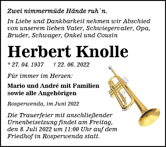 Traueranzeige von Herbert Knolle von Trauerkombi Sangerhausen