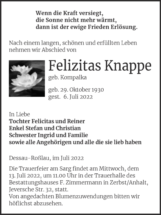 Traueranzeige von Felizitas Knappe von Mitteldeutsche Zeitung Dessau-Roßlau