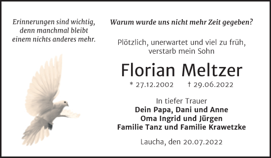 Traueranzeige von Florian Meltzer von Wochenspiegel Naumburg/Nebra