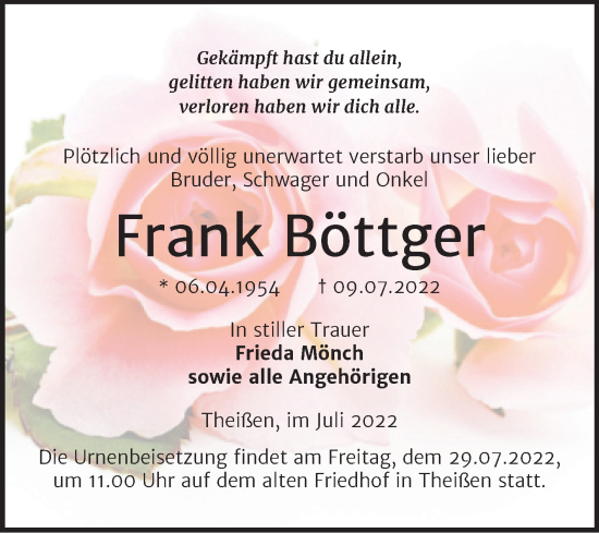 Traueranzeige von Frank Böttger von Trauerkombi Zeitz