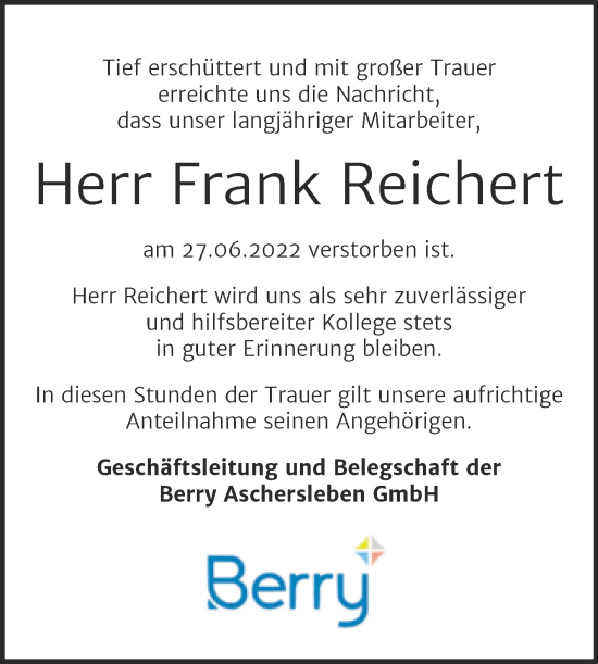 Traueranzeige von Frank Reichert von Wochenspiegel Aschersleben
