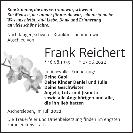 Traueranzeige von Frank Reichert von Trauerkombi Aschersleben