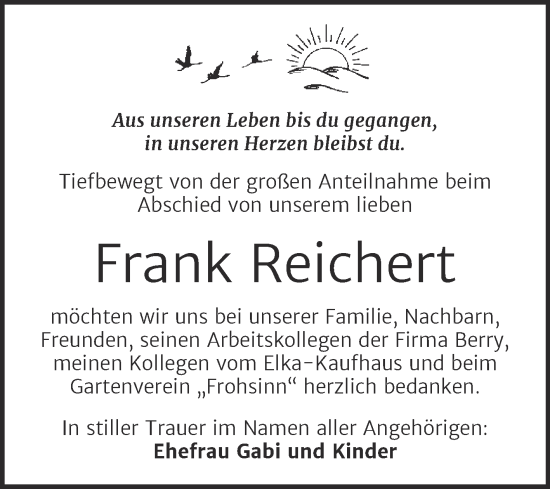 Traueranzeige von Frank Reichert von Trauerkombi Aschersleben