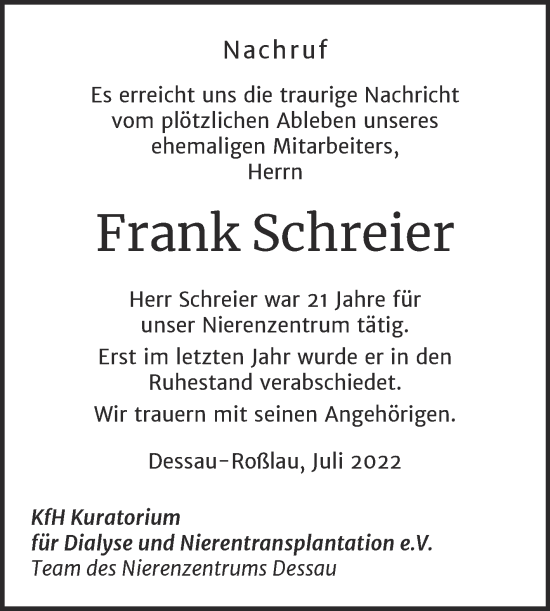 Traueranzeige von Frank Schreier von Mitteldeutsche Zeitung Dessau-Roßlau