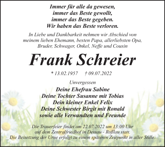 Traueranzeige von Frank Schreier von Trauerkombi Dessau
