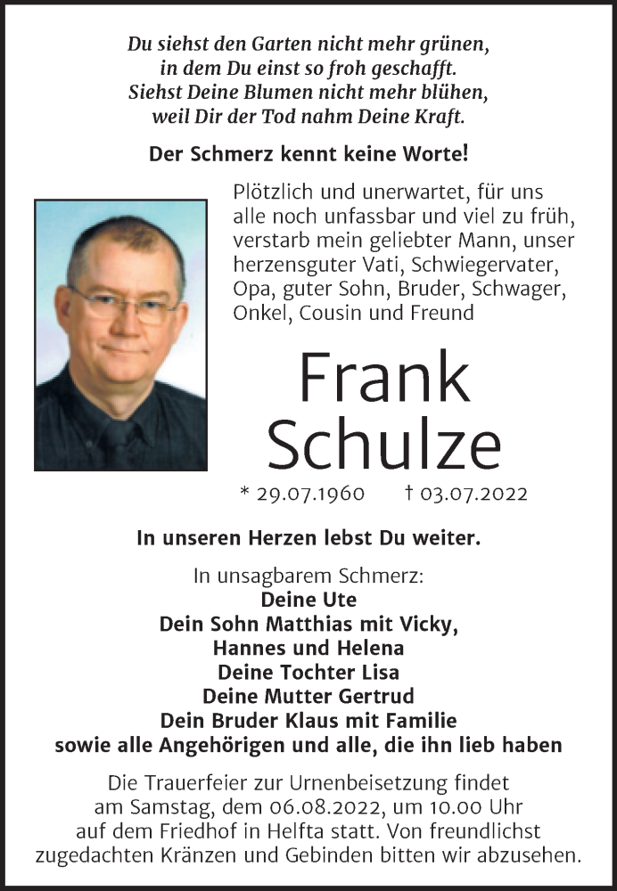  Traueranzeige für Frank Schulze vom 27.07.2022 aus Trauerkombi Mansfelder Land