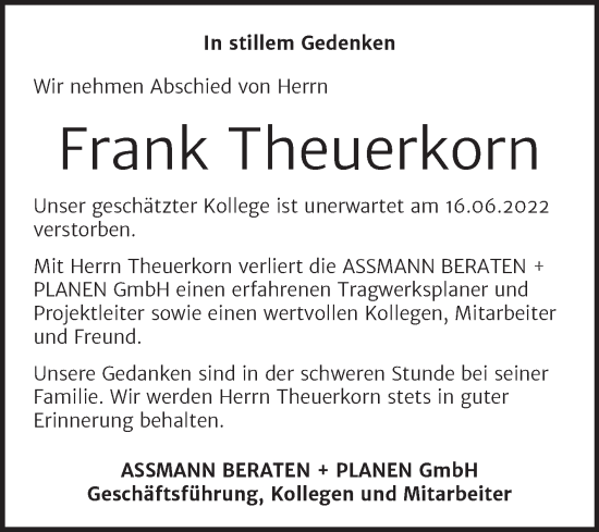 Traueranzeige von Frank Theuerkorn von Mitteldeutsche Zeitung Bitterfeld