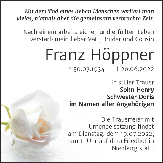 Traueranzeige von Franz Höppner von Trauerkombi Bernburg