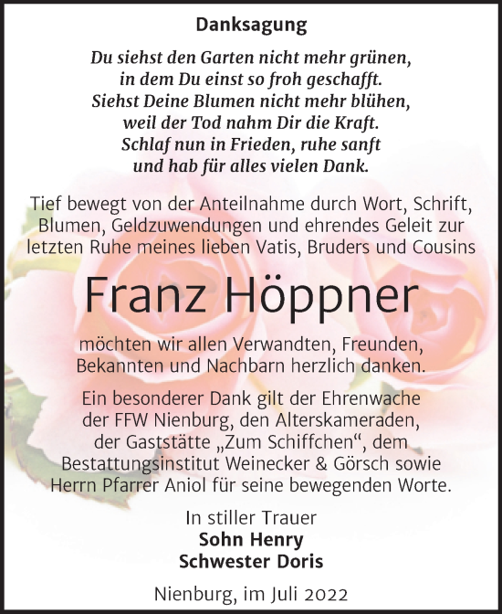 Traueranzeige von Franz Höppner von Trauerkombi Bernburg