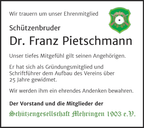 Traueranzeige von Franz Pietschmann von Trauerkombi Aschersleben