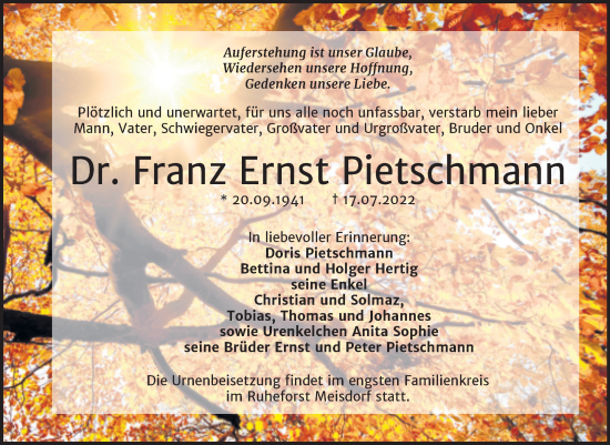Traueranzeige von Franz Ernst Pietschmann von Trauerkombi Aschersleben