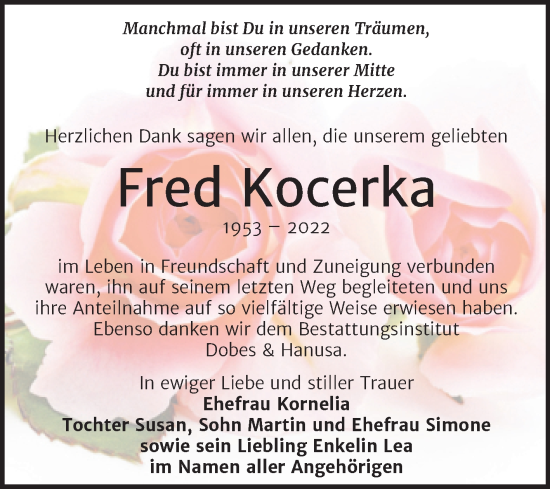 Traueranzeige von Fred Kocerka von Trauerkombi Bernburg