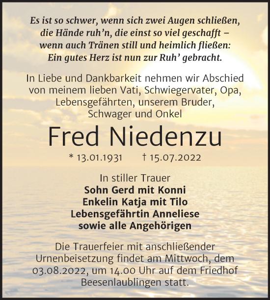 Traueranzeige von Fred Niedenzu von Trauerkombi Bernburg