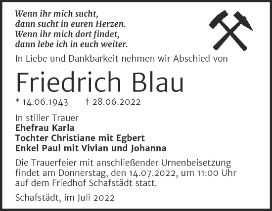 Traueranzeige von Friedrich Blau von Trauerkombi Merseburg