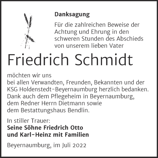 Traueranzeige von Friedrich Schmidt von Trauerkombi Sangerhausen