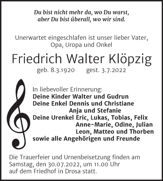 Traueranzeige von Friedrich Walter Klöpzig von Trauerkombi Köthen
