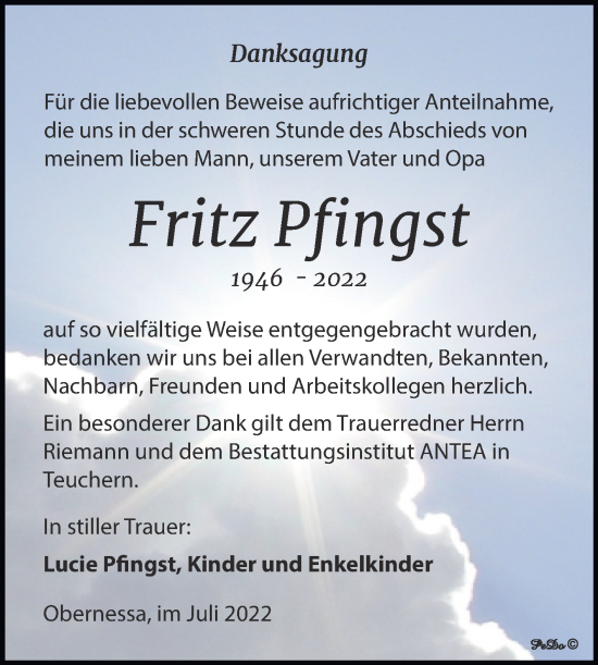 Traueranzeige von Fritz Pfingst von Trauerkombi Weißenfels