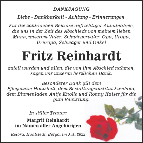 Traueranzeige von Fritz Reinhardt von Trauerkombi Sangerhausen